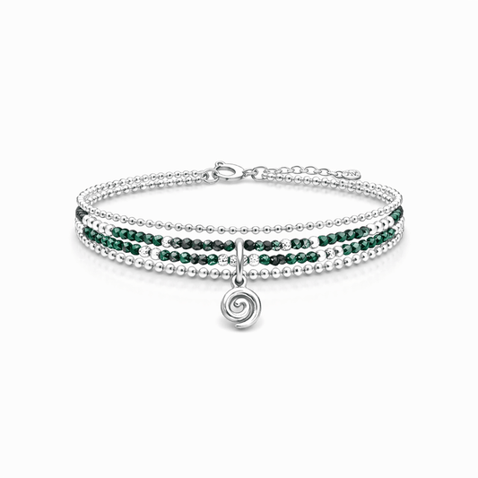 Bracelet femme multi - rang DIZZY & TIPSY – perles de malachite, pendentif spirale argent 925 et finitions argent – bijoux fait main en argent 925 | Pitch & Néo