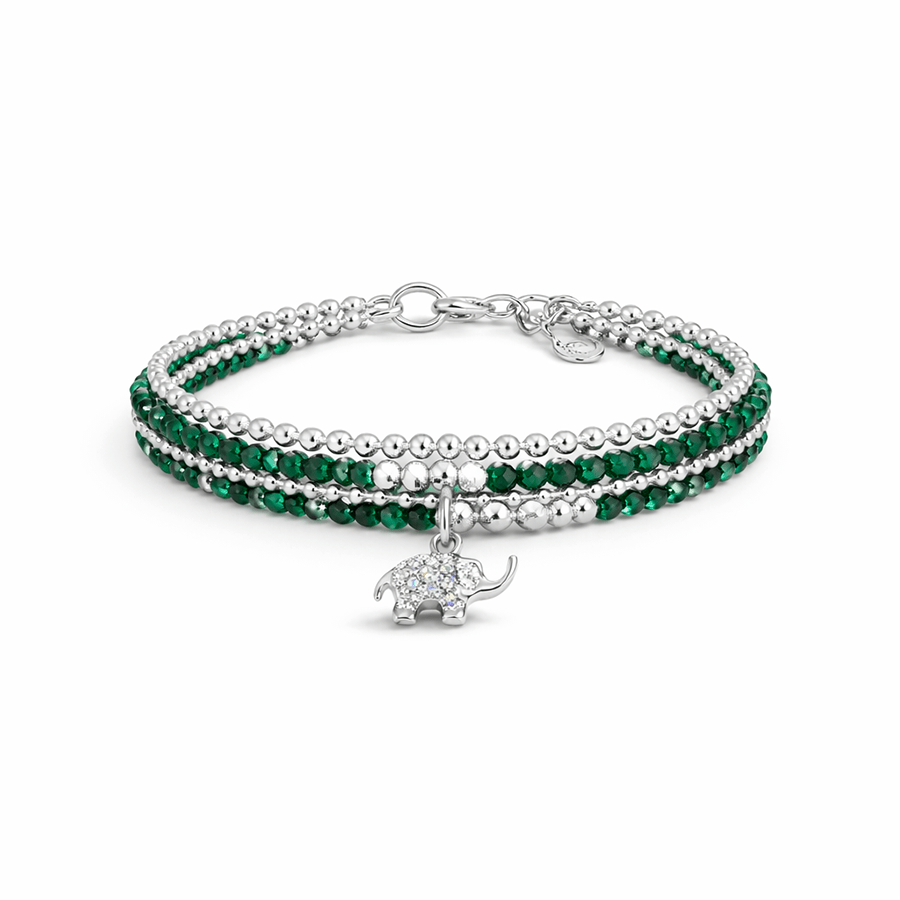 Bracelet femme multi - rang ELEPHANT IN THE ROOM – perles d’émeraude naturelle, pendentif éléphant zircon et argent 925 – bijoux fait main en argent 925 | Pitch & Néo