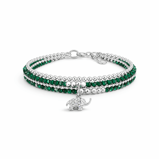 Bracelet femme multi - rang ELEPHANT IN THE ROOM – perles d’émeraude naturelle, pendentif éléphant zircon et argent 925 – bijoux fait main en argent 925 | Pitch & Néo
