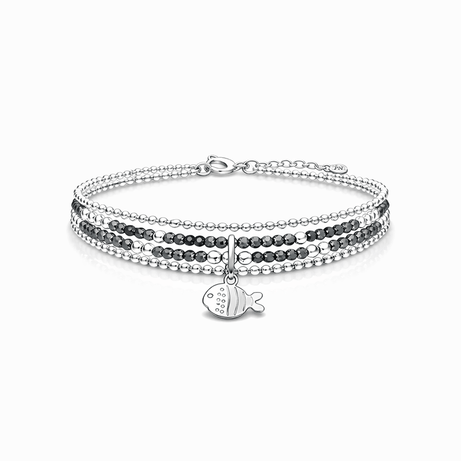 Bracelet femme multi - rang FISH ME DEADLY – perles facettées d’hématite, pendentif poisson cartoon et argent 925 – bijoux fait main en argent 925 | Pitch & Néo