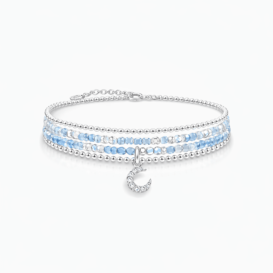 Bracelet femme multi - rang FREEZE THE MOON – perles d’aigue - marine, pendentif lune zircon et argent 925 – bijoux fait main en argent 925 | Pitch & Néo