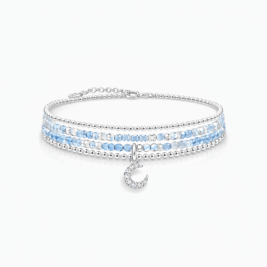 Bracelet femme multi - rang FREEZE THE MOON – perles d’aigue - marine, pendentif lune zircon et argent 925 – bijoux fait main en argent 925 | Pitch & Néo