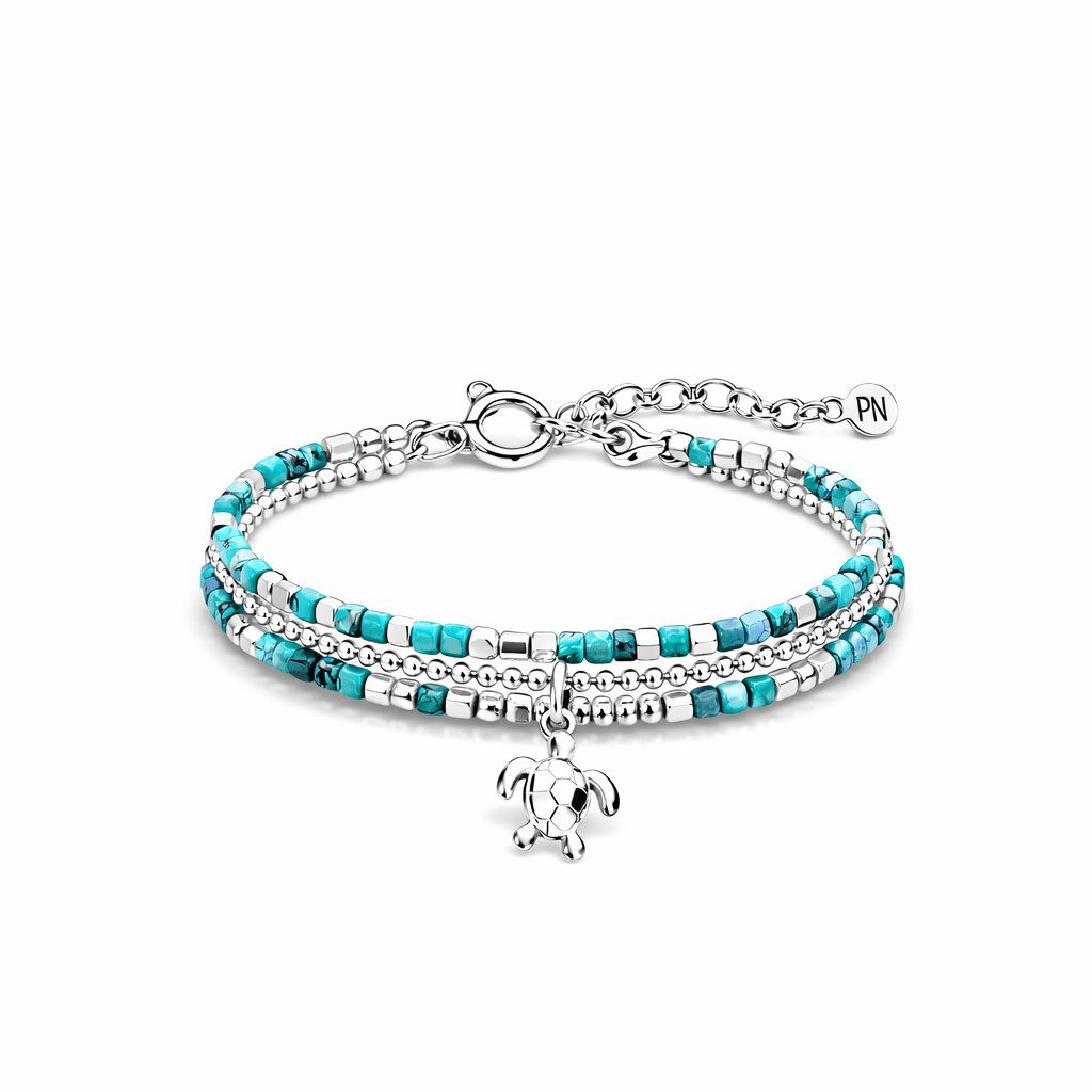 bracelet femme multi - rang I DON’T RUSH, I SPARKLE – perles carrées de turquoise véritable, pendentif tortue en argent 925, chaîne boules facettées et argent 925 – bijoux fait main en argent 925 | Pitch & Néo