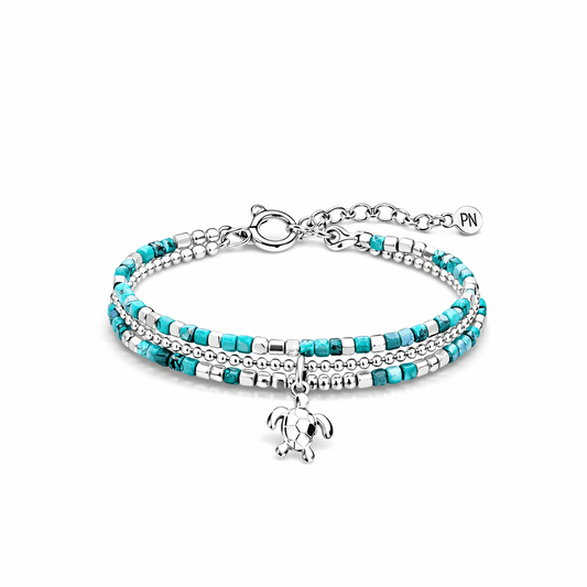 bracelet femme multi - rang I DON’T RUSH, I SPARKLE – perles carrées de turquoise véritable, pendentif tortue en argent 925, chaîne boules facettées et argent 925 – bijoux fait main en argent 925 | Pitch & Néo