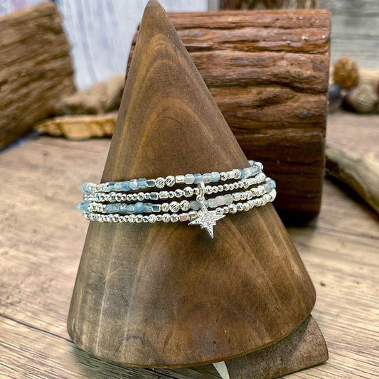 Bracelet femme multi - rang ICE TO MEET YOU – perles d’aigue - marine, pendentif étoile zircon et argent 925 – bijoux fait main en argent 925 | Pitch & Néo