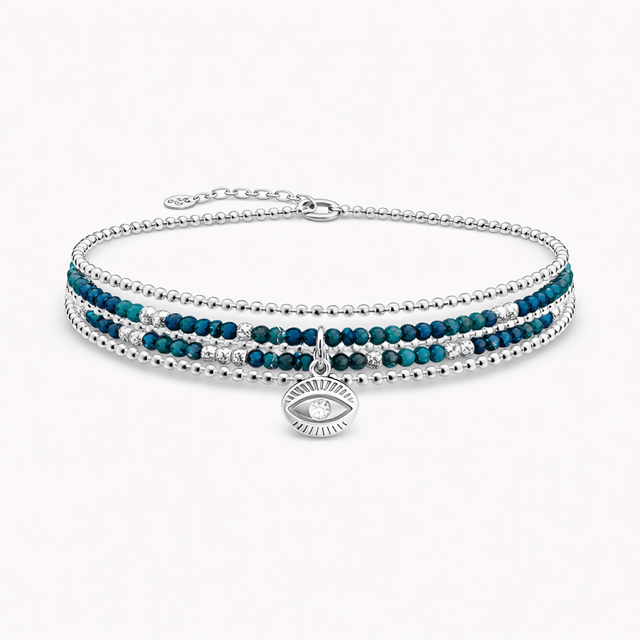 Bracelet femme multi - rang KEEP YOUR EYE ON ME – perles d’azurite, pendentif œil protecteur et argent 925 – bijoux fait main en argent 925 | Pitch & Néo