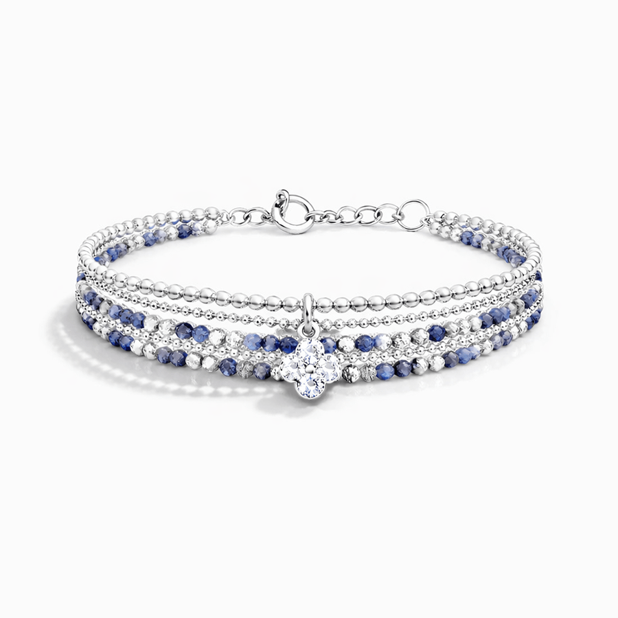 Bracelet femme multi - rang LUCKY & LIT – perles d’iolite facettées, pendentif trèfle zircon façon diamant et argent 925 – bijoux fait main en argent 925 | Pitch & Néo