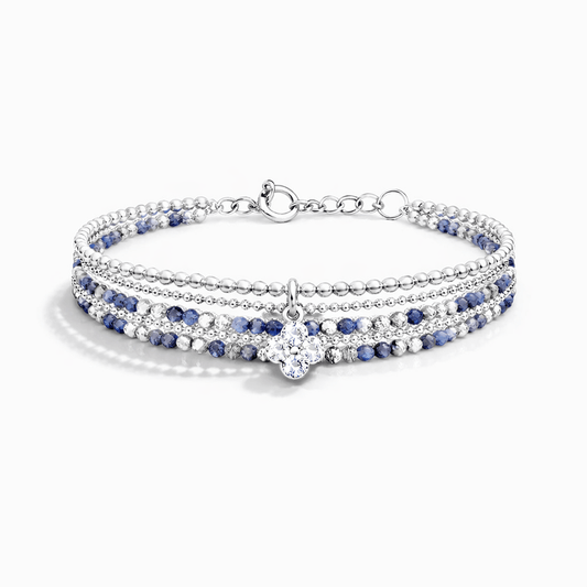 Bracelet femme multi - rang LUCKY & LIT – perles d’iolite facettées, pendentif trèfle zircon façon diamant et argent 925 – bijoux fait main en argent 925 | Pitch & Néo