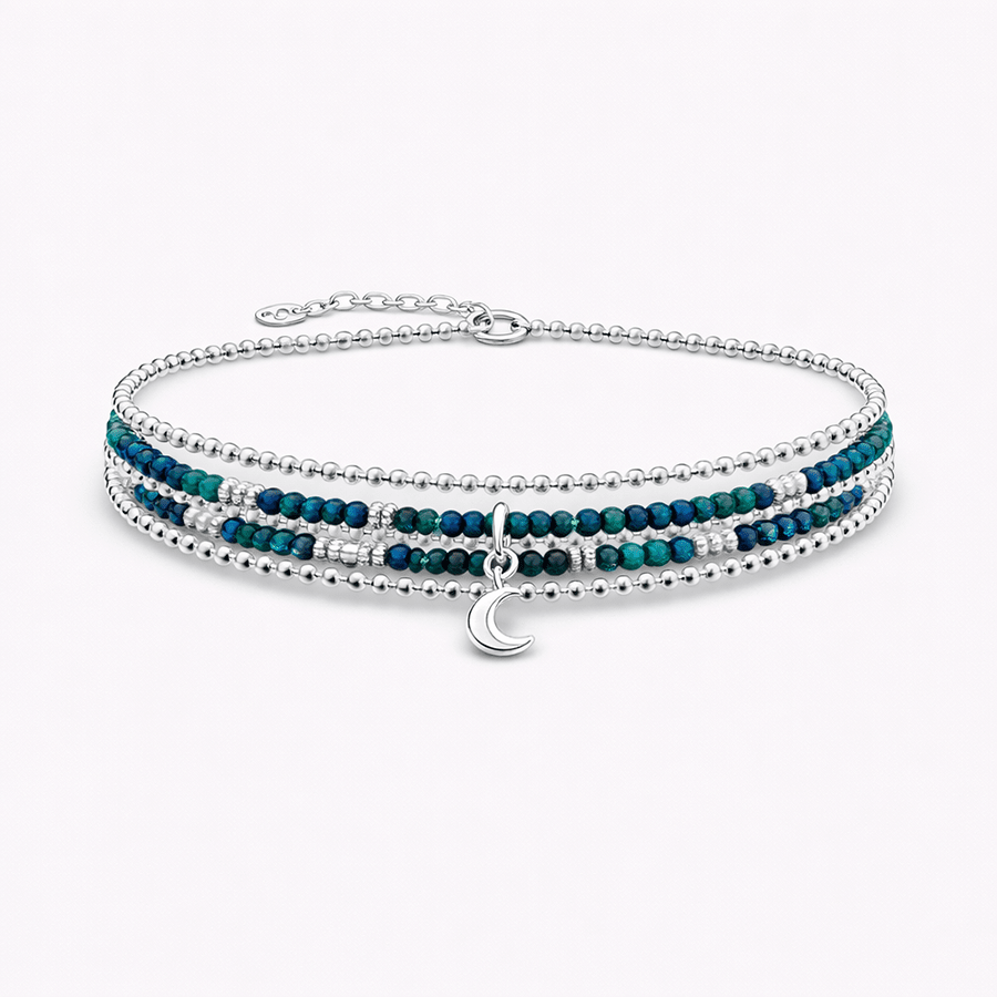Bracelet femme multi - rang MOON ME HARDER, SHAWTY – perles de chrysocolle, pendentif lune bombée et argent 925 – bijoux fait main en argent 925 | Pitch & Néo