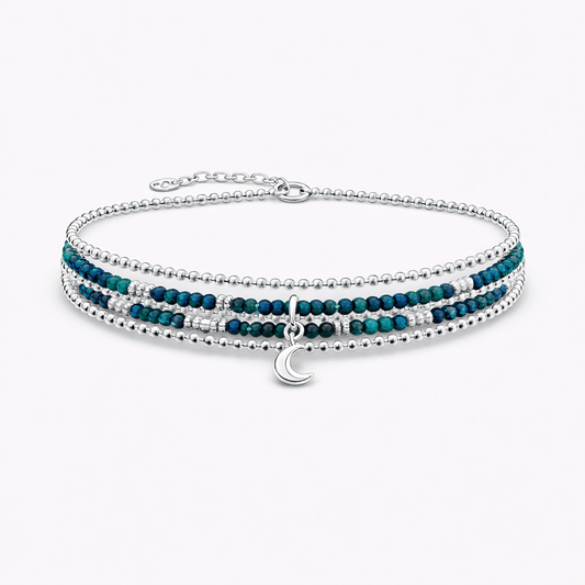 Bracelet femme multi - rang MOON ME HARDER, SHAWTY – perles de chrysocolle, pendentif lune bombée et argent 925 – bijoux fait main en argent 925 | Pitch & Néo