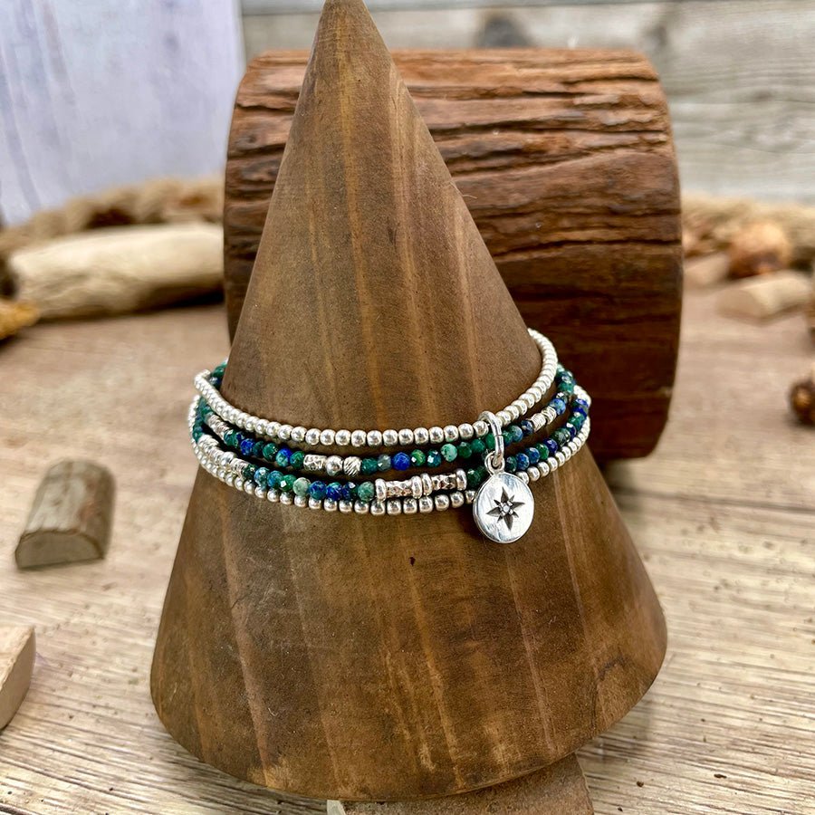 bracelet femme multi - rang NORTH? I DON’T FOLLOW DIRECTIONS – perles de chrysocolle facettées, pendentif étoile du Nord zircon et chaîne boules facettées en argent 925 – bijoux fait main en argent 925 | Pitch & Néo