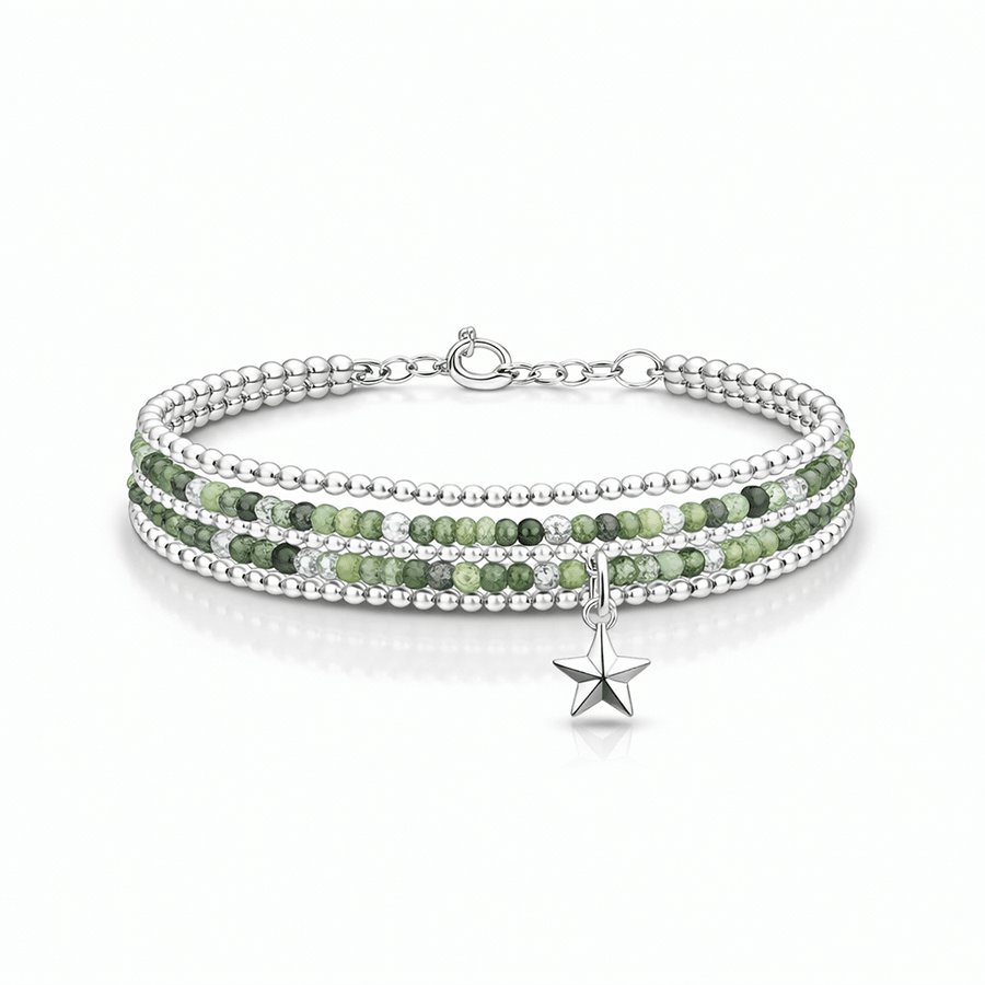 Bracelet femme multi - rang RARE LIKE ME – perles de séraphinite, pendentif étoile et argent 925 – bijoux fait main en argent 925 | Pitch & Néo