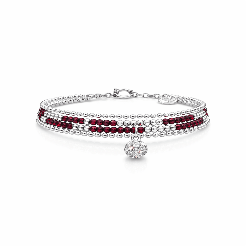 Bracelet femme multi - rang RED LIPS & BITCHY – perles de grenat, pendentif pavé zircons et argent 925 – bijoux fait main en argent 925 | Pitch & Néo