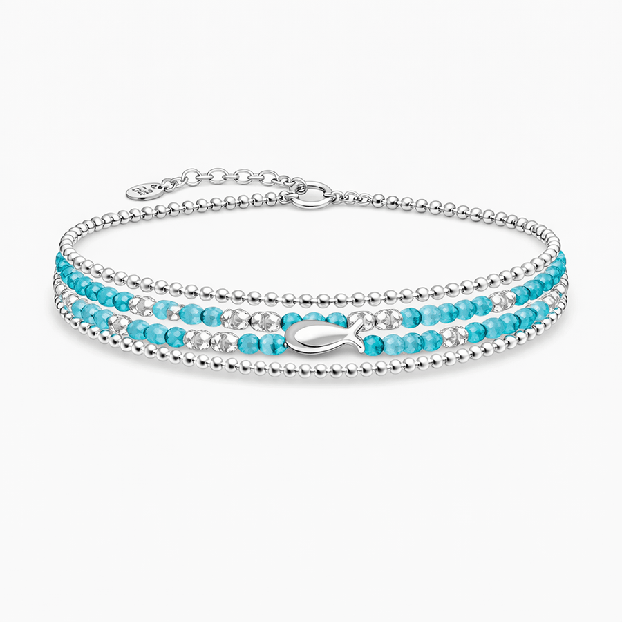Bracelet femme multi - rang REEF & RUM – perles d’apatite, poissons miroir et argent 925 – bijoux fait main en argent 925 | Pitch & Néo