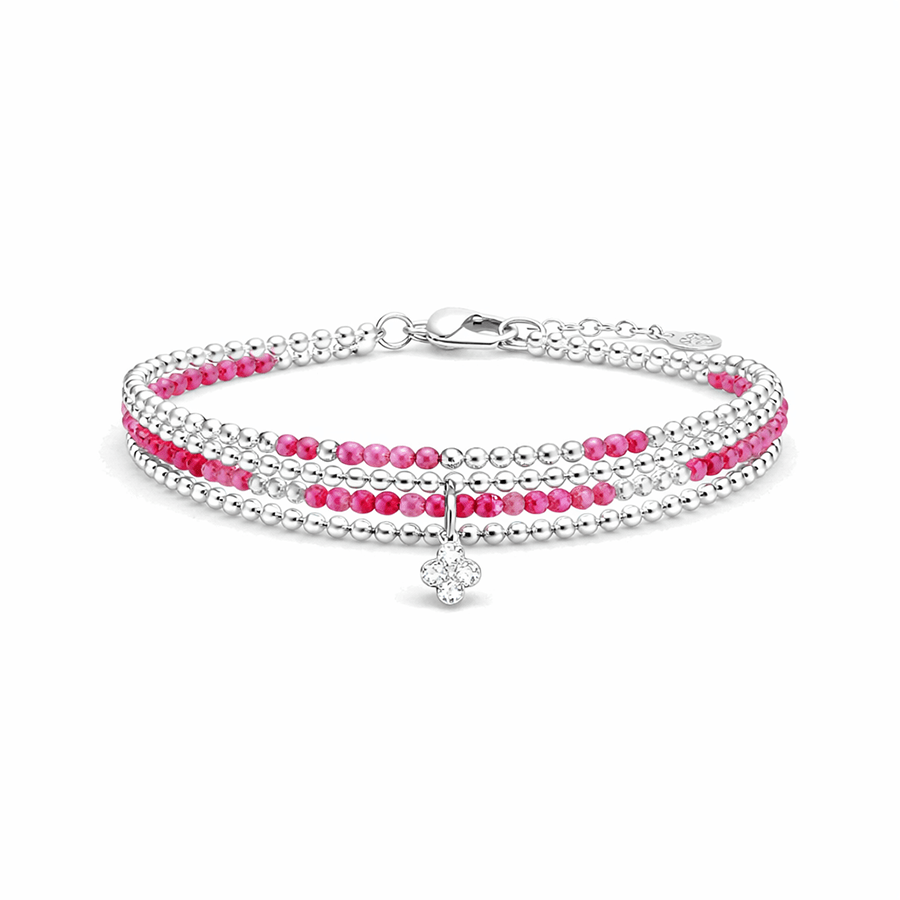 Bracelet femme multi - rang RUBY & RUMORS – perles rondelles de rubis naturel, pendentif trèfle zircons façon diamant et argent 925 – bijoux fait main en argent 925 | Pitch & Néo