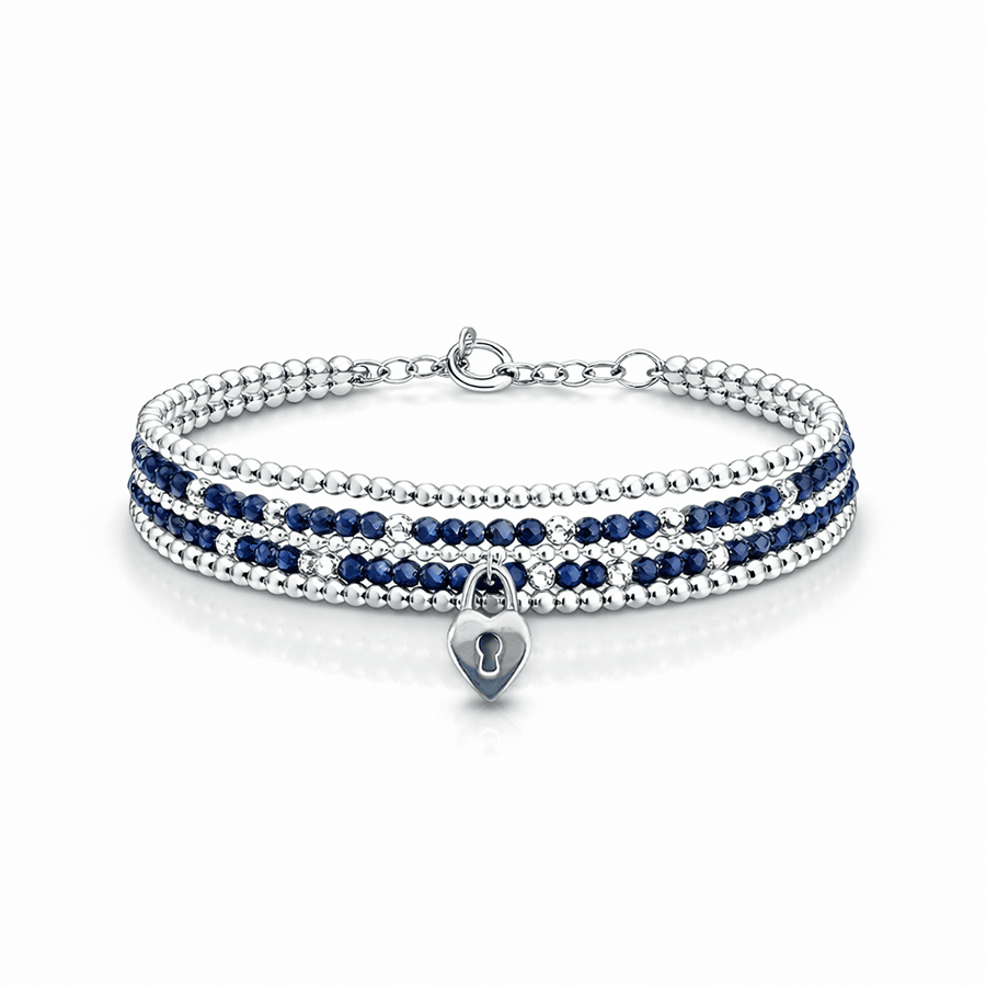 Bracelet femme multi - rang SAPPHIRE, SO WHAT – perles de saphir facettées, pendentif cadenas cœur et argent 925 – bijoux fait main en argent 925 | Pitch & Néo