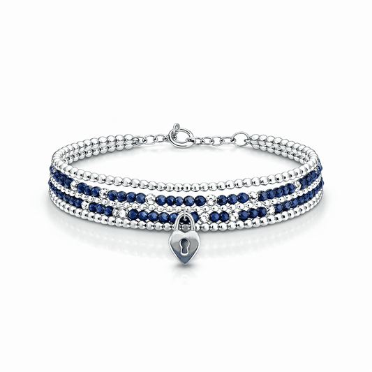 Bracelet femme multi - rang SAPPHIRE, SO WHAT – perles de saphir facettées, pendentif cadenas cœur et argent 925 – bijoux fait main en argent 925 | Pitch & Néo