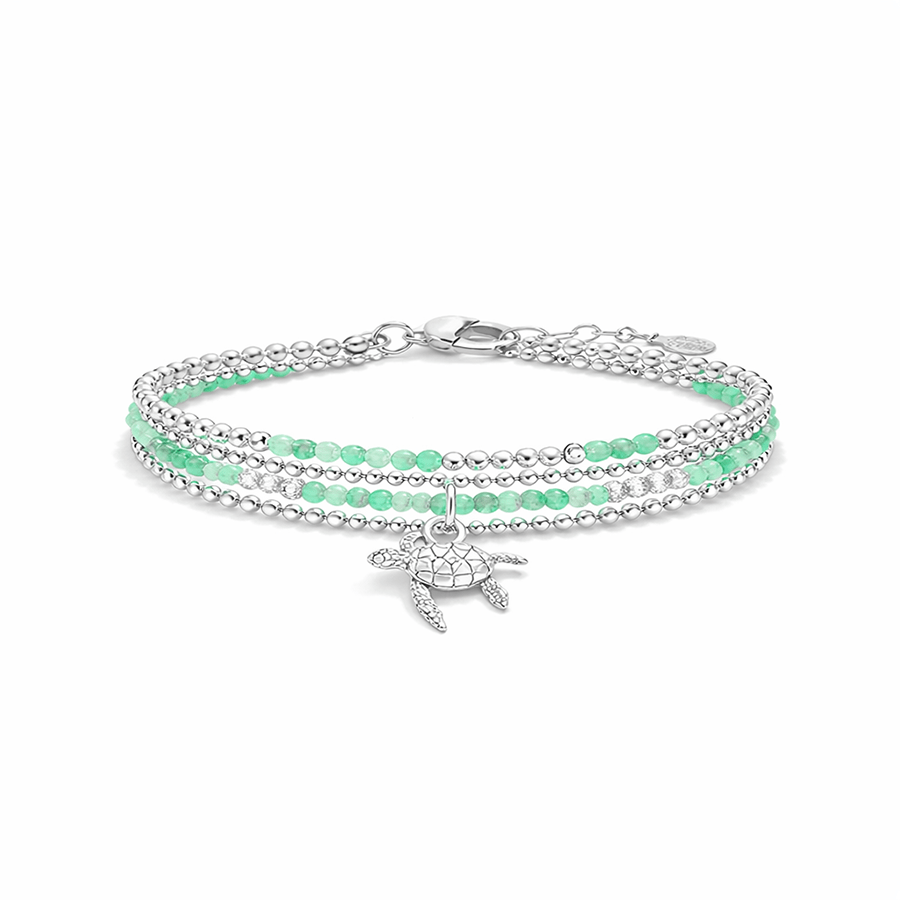 Bracelet femme multi - rang SEA U ON THE GUEST LIST – perles de chrysoprase, chaîne boules facettées scintillantes et pendentif tortue argent 925 – bijoux fait main en argent 925 | Pitch & Néo