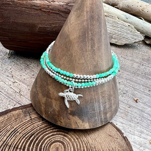 Bracelet femme multi - rang SEA U ON THE GUEST LIST – perles de chrysoprase, chaîne boules facettées scintillantes et pendentif tortue argent 925 – bijoux fait main en argent 925 | Pitch & Néo
