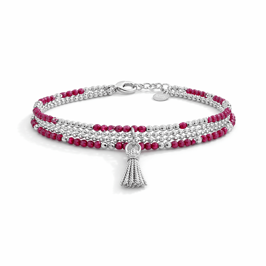 Bracelet femme multi - rang SHAKE IT LIKE RUBY – perles de rubis, pendentif pompon argent et chaîne boules facettées scintillantes – bijoux fait main en argent 925 | Pitch & Néo