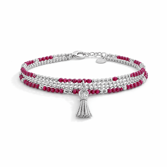 Bracelet femme multi - rang SHAKE IT LIKE RUBY – perles de rubis, pendentif pompon argent et chaîne boules facettées scintillantes – bijoux fait main en argent 925 | Pitch & Néo