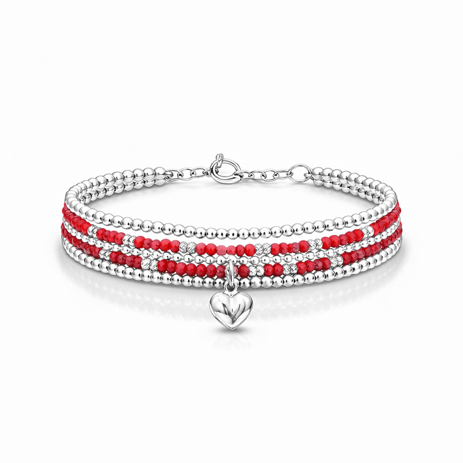 Bracelet femme multi - rang SMACK MY HEART, BABE – perles de corail bambou, pendentif cœur bombé argent 925 – bijoux fait main en argent 925 | Pitch & Néo