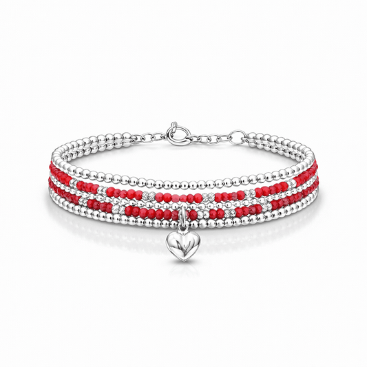 Bracelet femme multi - rang SMACK MY HEART, BABE – perles de corail bambou, pendentif cœur bombé argent 925 – bijoux fait main en argent 925 | Pitch & Néo