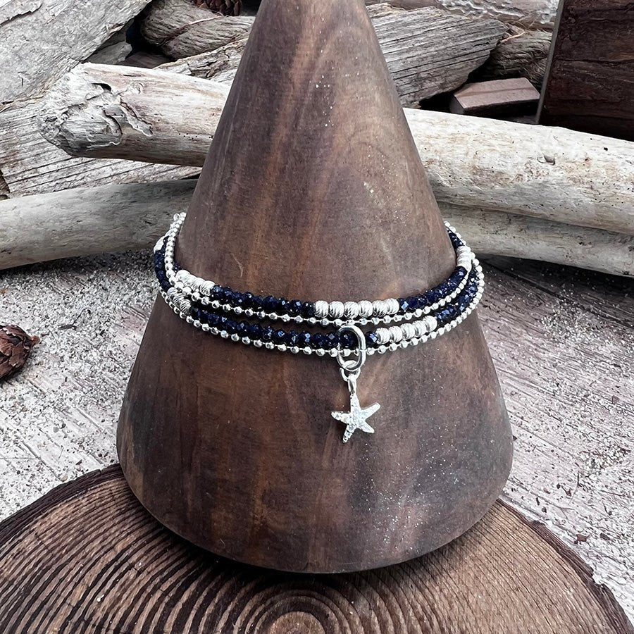 Bracelet femme multi - rang STARFISH BLUE LAGOON – perles de blue sand, pendentif étoile de mer zircon et argent 925 – bijoux fait main en argent 925 | Pitch & Néo