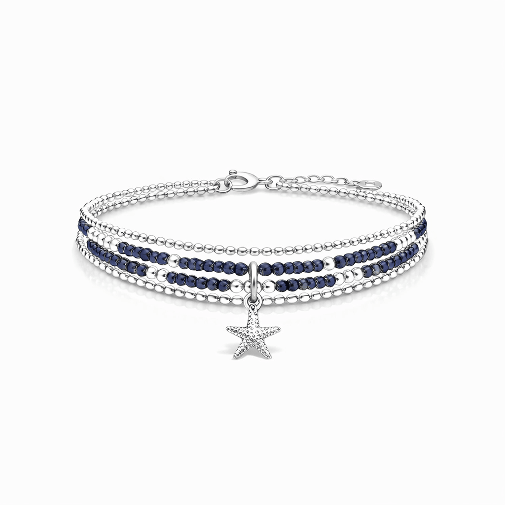 Bracelet femme multi - rang STARFISH BLUE LAGOON – perles de blue sand, pendentif étoile de mer zircon et argent 925 – bijoux fait main en argent 925 | Pitch & Néo