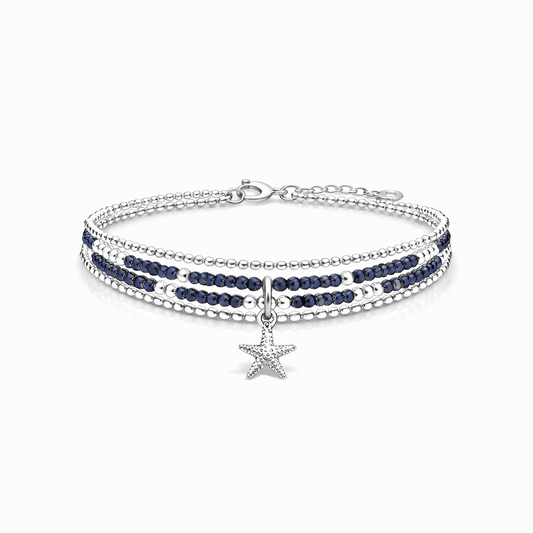 Bracelet femme multi - rang STARFISH BLUE LAGOON – perles de blue sand, pendentif étoile de mer zircon et argent 925 – bijoux fait main en argent 925 | Pitch & Néo