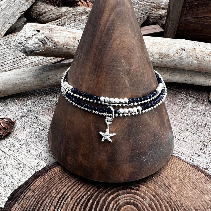 Bracelet femme multi - rang STARFISH BLUE LAGOON – perles de blue sand, pendentif étoile de mer zircon et argent 925 – bijoux fait main en argent 925 | Pitch & Néo