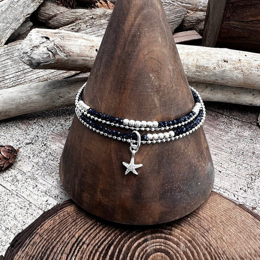 Bracelet femme multi - rang STARFISH BLUE LAGOON – perles de blue sand, pendentif étoile de mer zircon et argent 925 – bijoux fait main en argent 925 | Pitch & Néo