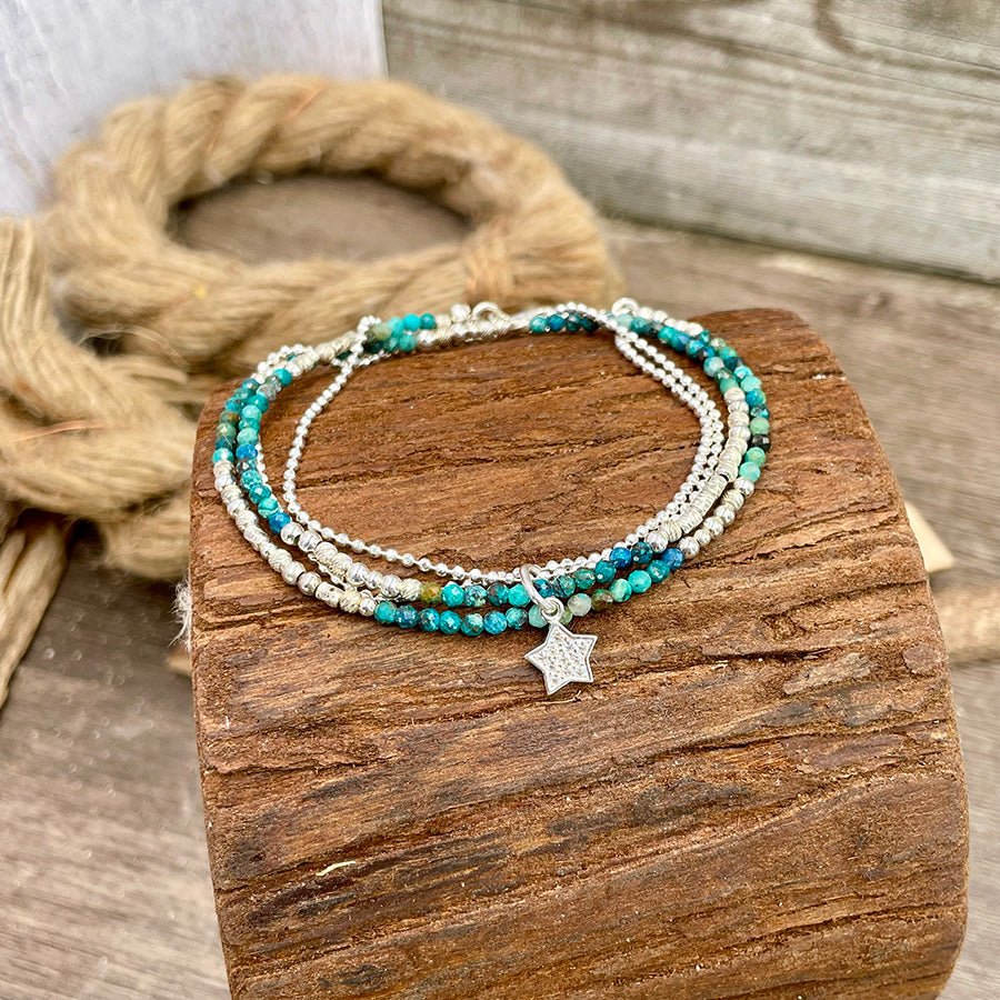 Bracelet femme multi - rang STARRY WRIST & AZURITE DREAM – perles d’azurite facettées, argent 925 et pendentif étoile pavée – bijoux fait main en argent 925 | Pitch & Néo