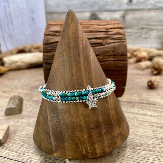 Bracelet femme multi - rang STARRY WRIST & AZURITE DREAM – perles d’azurite facettées, argent 925 et pendentif étoile pavée – bijoux fait main en argent 925 | Pitch & Néo