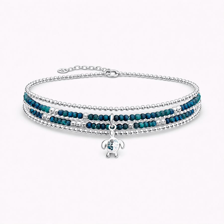 bracelet femme multi - rang TURTLE ON THE BEACH – perles de chrysocolle facettées, chaîne boules scintillantes argent 925 et pendentif tortue – bijoux fait main en argent 925 | Pitch & Néo