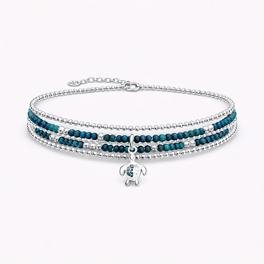 bracelet femme multi - rang TURTLE ON THE BEACH – perles de chrysocolle facettées, chaîne boules scintillantes argent 925 et pendentif tortue – bijoux fait main en argent 925 | Pitch & Néo