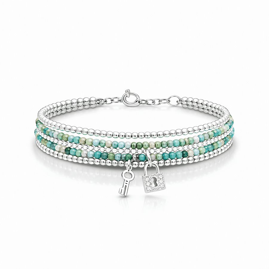 Bracelet femme multi - rang UNLOCK MY BEACH CRUSH – turquoise naturelle, pendentifs cadenas et clé zircon et chaîne boules argent 925 – bijoux fait main en argent 925 | Pitch & Néo