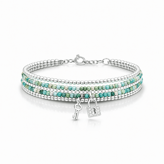 Bracelet femme multi - rang UNLOCK MY BEACH CRUSH – turquoise naturelle, pendentifs cadenas et clé zircon et chaîne boules argent 925 – bijoux fait main en argent 925 | Pitch & Néo