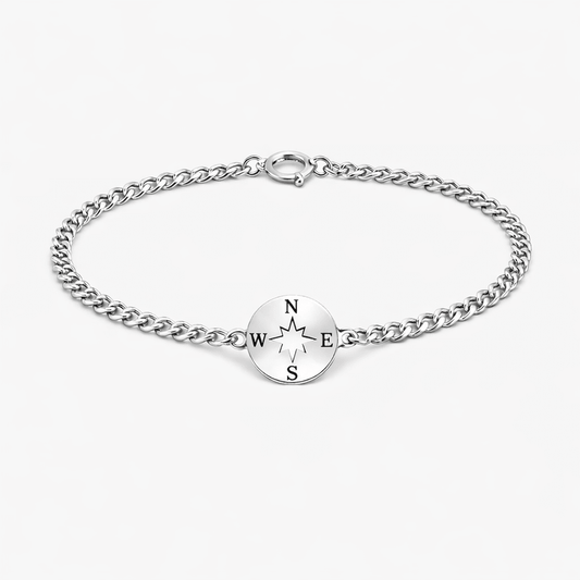 Bracelet femme MY MAP, MY RULES – chaîne gourmette & médaille rose des vents gravée et argent 925 – bijoux fait main en argent 925 | Pitch & Néo