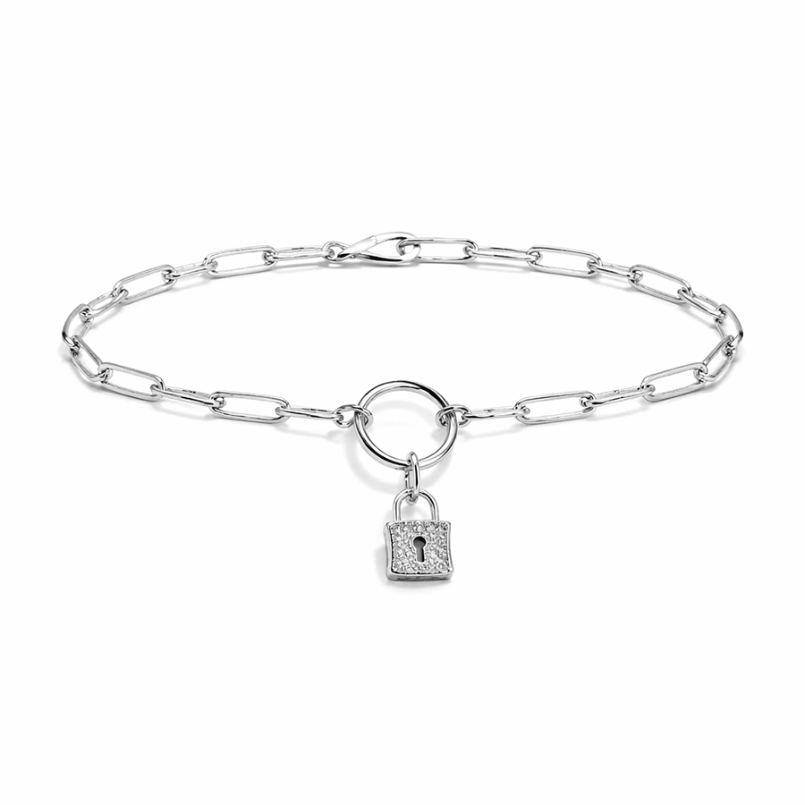 Bracelet femme NO ENTRY GIRL – chaîne à maillons rectangulaires facettés en argent 925, pendentif cadenas pavé de zircons, cercle ajouré central – bijoux fait main en argent 925 | Pitch & Néo