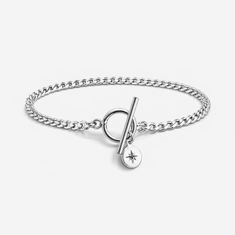 Bracelet femme NO NORTH, JUST ME – maille gourmette, fermoir toggle XL & médaille étoile polaire sertie de zircon façon diamant et argent 925 – bijoux fait main en argent 925 | Pitch & Néo