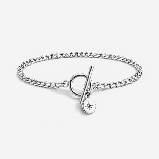 Bracelet femme NO NORTH, JUST ME – maille gourmette, fermoir toggle XL & médaille étoile polaire sertie de zircon façon diamant et argent 925 – bijoux fait main en argent 925 | Pitch & Néo