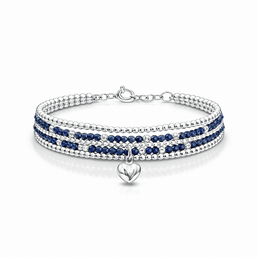 Bracelet femme NOT YOURS, SWEETHEART – multi - rangs en perles de saphir & cœur bombé, argent 925 – bijoux fait main en argent 925 | Pitch & Néo