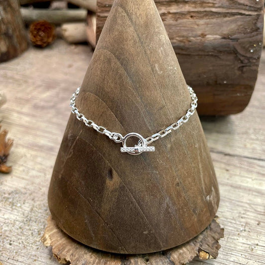 Bracelet femme SHUT UP & SPARK – chaîne forçat allongée & fermoir toggle pavé de zircons et argent 925 – bijoux fait main en argent 925 | Pitch & Néo