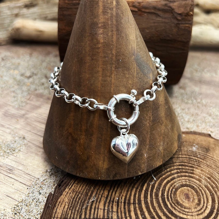 Bracelet femme SOFT LOVE – chaîne jaseron, fermoir bouée & pendentif cœur bombé et argent 925 – bijoux fait main en argent 925 | Pitch & Néo