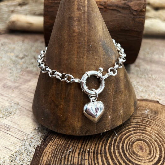 Bracelet femme SOFT LOVE – chaîne jaseron, fermoir bouée & pendentif cœur bombé et argent 925 – bijoux fait main en argent 925 | Pitch & Néo