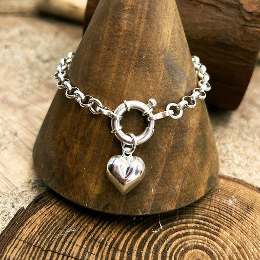 Bracelet femme SOFT LOVE – maille jaseron, fermoir bouée & pendentif cœur bombé et argent 925 – bijoux fait main en argent 925 | Pitch & Néo