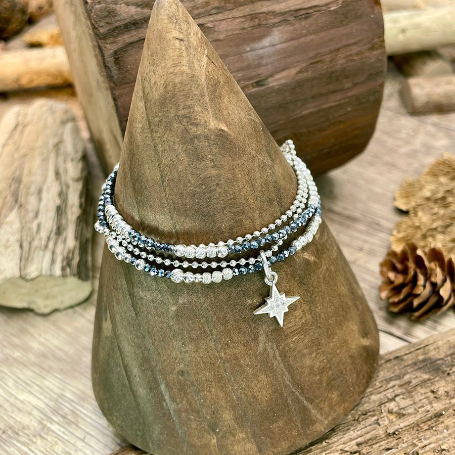 Bracelet femme STAR CRUSH – multi - rangs en térahertz japonais, chaîne maille boules diamantées & étoile pavée – bijoux fait main en argent 925 | Pitch & Néo