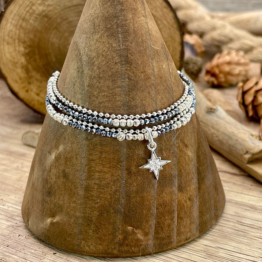 Bracelet femme STAR CRUSH – multi - rangs en térahertz japonais, chaîne maille boules diamantées & étoile pavée – bijoux fait main en argent 925 | Pitch & Néo