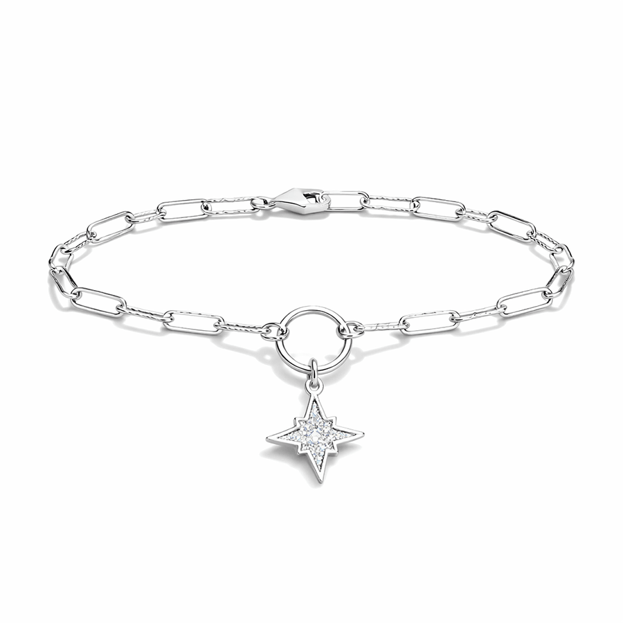 Bracelet femme SUPERNOVA BABY – chaîne forçat à maillons rectangulaires scintillante, anneau ajouré & pendentif étoile polaire sertie de zircons et argent 925 – bijoux fait main en argent 925 | Pitch & Néo